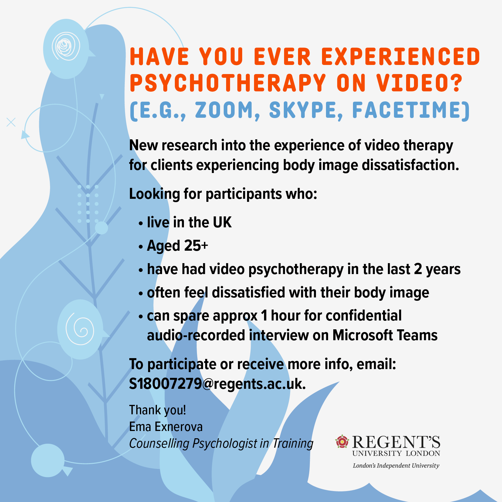 Participants needed – Research into experience of video therapy.
